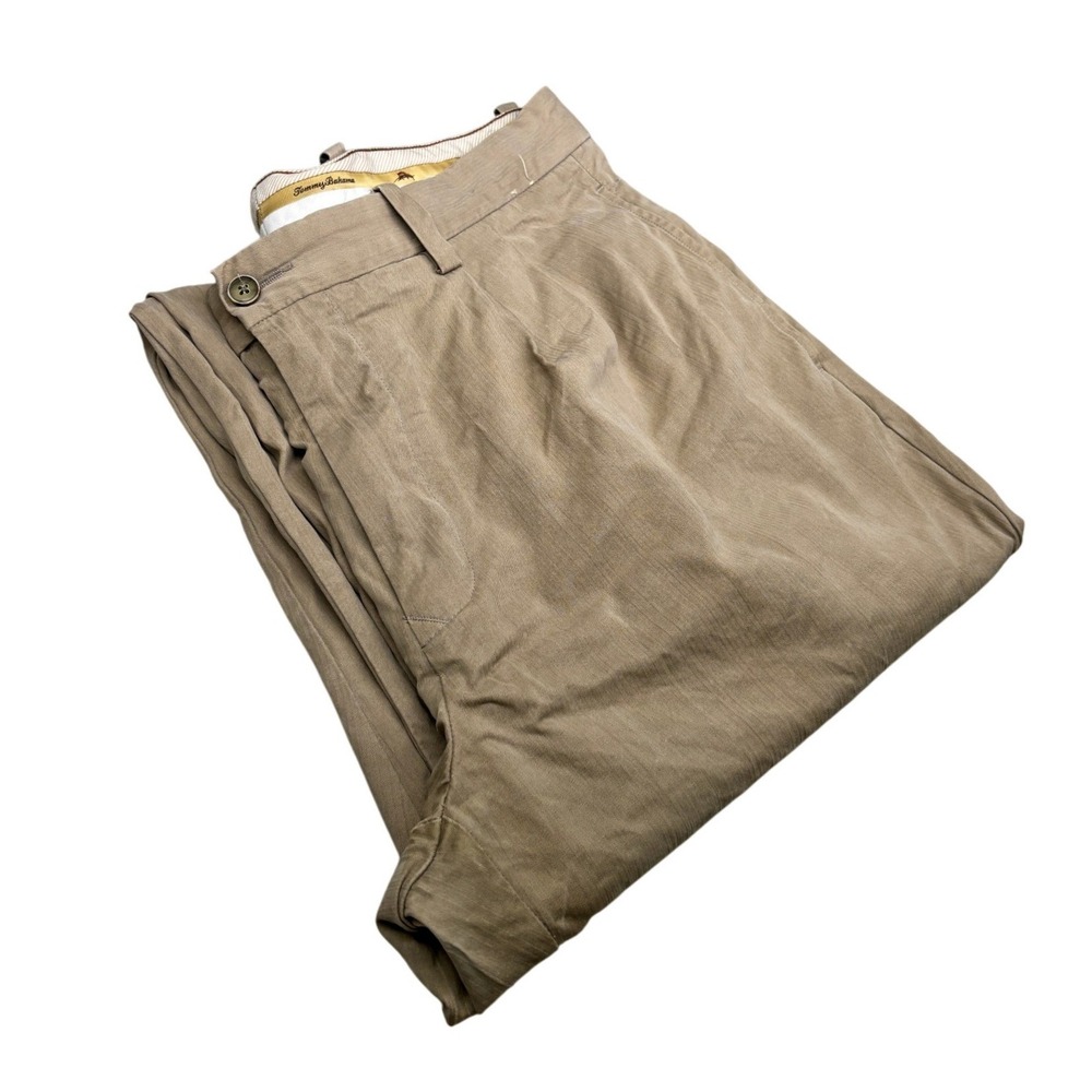 Tommy Bahama Pleated Trousers Mens 35x30 Khaki Tan Silk Bamboo Herringbone Pants